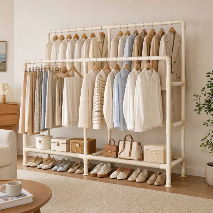 Portant à Vêtements Double avec 4 Barres et 2 Étagères Charge 100 kg 163 x 45 x 156 cm Blanc