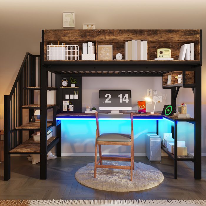 Lit mezzanine 1 place 90×200 cm bureau LED et USB Type-C - BEAUNIV - sans matelas MDF et métal noir vintage