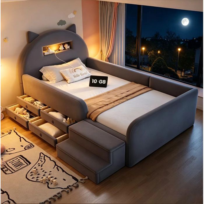Lit Enfant Simple 90×200 cm avec 4 Tiroirs USB et Veilleuse Sans Matelas Velours Gris Fonce - UVRION