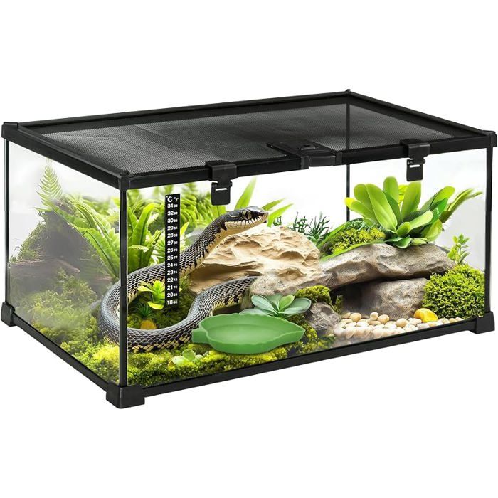 Boîte à Reptiles boîte élevage de Reptiles Habitat de Terrarium Transparent Couvercle Coulissant Noir 50x30x25cm PERCHOIR