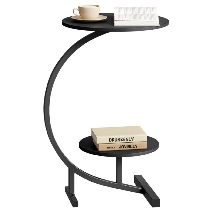 Table basse ronde à 2 niveaux - WOLTU - forme C - 2 plateaux ronds - Ø40 + Ø30 cm - H66 cm - Noir