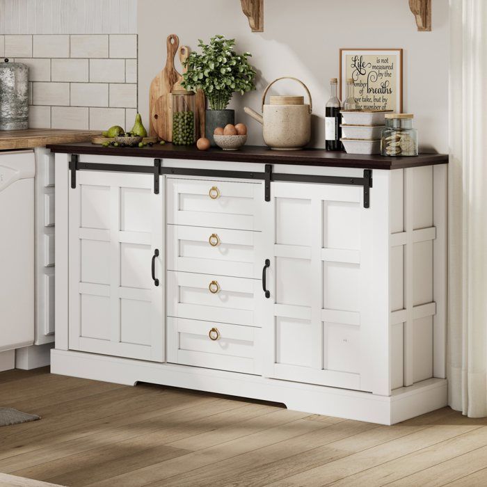 Buffet bahut AESVAR 150 x 40 x 85 cm avec 2 portes coulissantes 4 tiroirs MDF blanc style campagne vintage