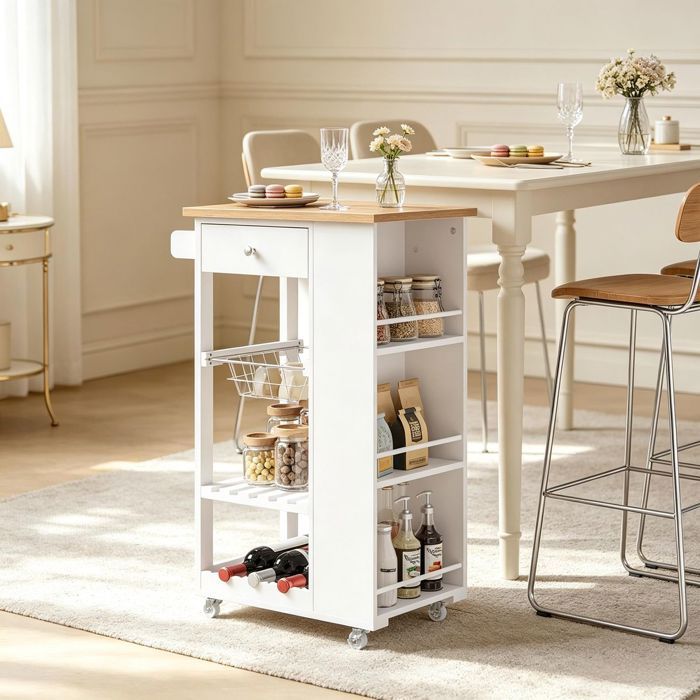 Desserte de cuisine - WESTYLE - Style moderne - MDF & bambou - 1 tiroir et range-bouteilles - 4 roulettes (2 frein)
