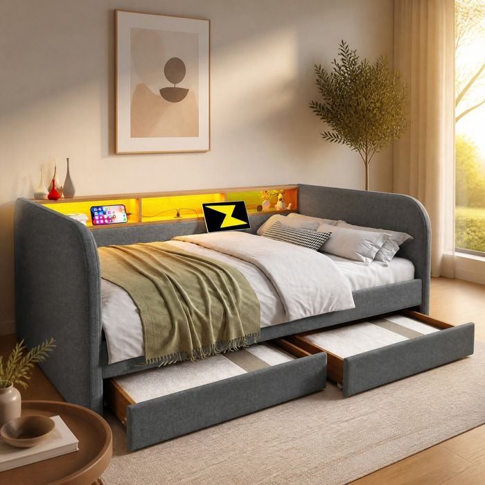 Lit banquette - ZEVKOR - Double 140×190 cm - LED intégrée - 2 tiroirs - Rangement tête de lit