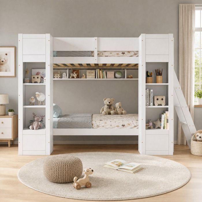 Lit Superposé Enfant 2 Places 90×200 cm 2 Placards et Étagère - MIVRAY - Barrière sans Matelas Bois Blanc