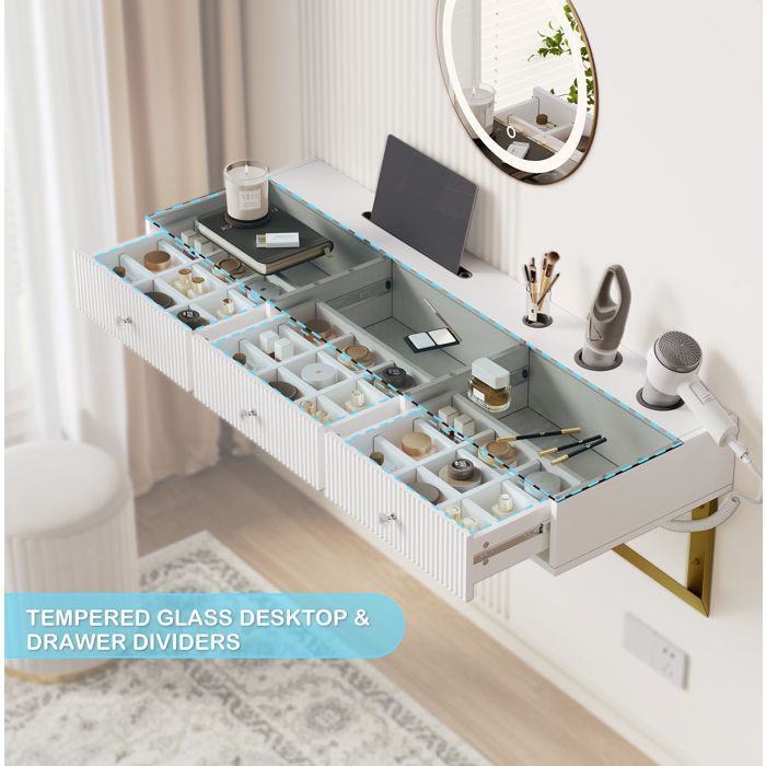 Coiffeuse murale AESVAR 120 cm blanche 3 tiroirs plateau en verre support tablette porte-gobelet