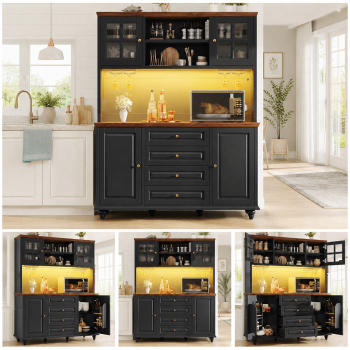 LEMONMAX Buffet Haut de Cuisine 140 x 40 x 179 5 cm avec LED RGB 4 Tiroirs Étagères Réglables et Porte-verres Noir