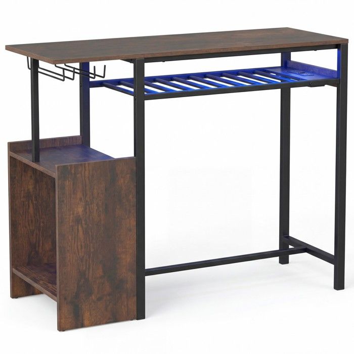 Table de Bar avec Rangement Mange Debout Industriel avec Station de Charge LED Réglable Porte-gobelet pour Cuisine Salon
