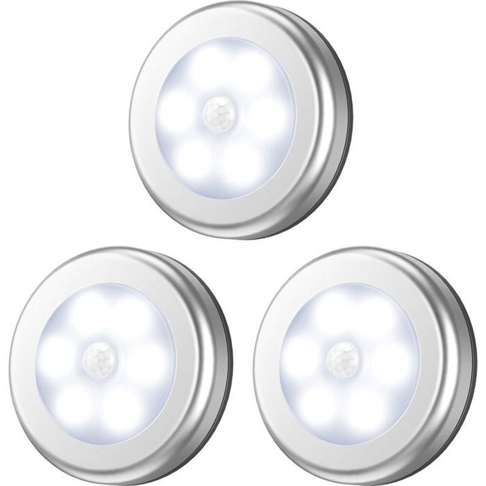 3pcs Lampe LED détecteur de mouvement - Alimenté par batterie Installation facile - Escalier armoire placard - Argent