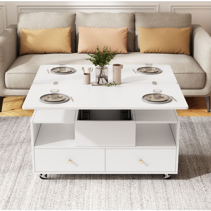 Table basse relevable blanche 100 x 50 x 47 5 cm plateau extensible 4 tiroirs roulettes MDF Table basse relevable blanche 100 x 50 x 47 5 cm plateau extensible 4 tiroirs roulettes MDF