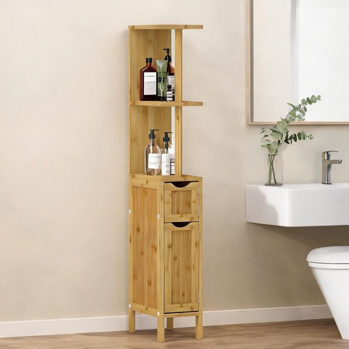 Colonne de rangement en bambou et MDF 2 placards et 2 étagères ouvertes gain de place pour salle de bain 18x30x120 cm bois