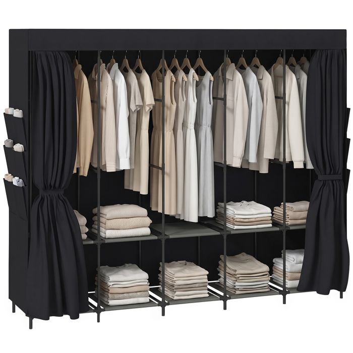 Armoire en tissu - Penderie de rangement à fermeture zippée - 5 barres - 6 poches latérales - Noir - 212 x 45 x 167 cm - ZENLINKJH