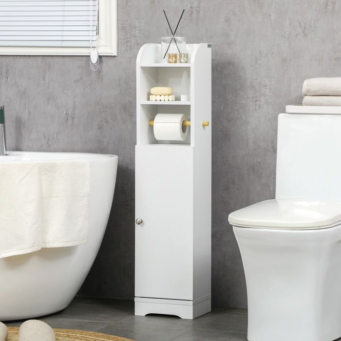 Meuble salle de bain avec porte-rouleau et étagère colonne de rangement compacte blanche 23x18x100 cm