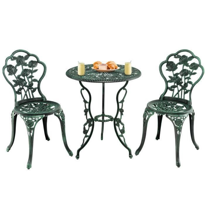 COSTWAY Ensemble Table et 2 Chaises de Patio en Fonte Aluminium Forme de Rose Trou pour Parasol pour Terrasse Cour Jardin