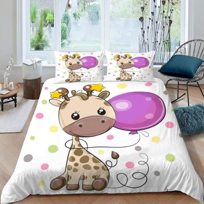 Housse De Couette 140x200 Cm + 2 Taies 65x65 Cm Microfibre - Motif Girafe Kawaii étoiles - Réversible Avec Fermeture éclair