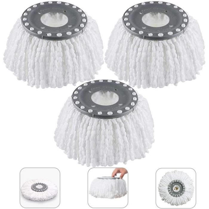 3Pcs Têtes Microfibre Balai, Mop Heads, Tête de Vadrouille Rechange Rond Têtes Mop Rotation à 360 pour Balais Serpillère Rotatif 36