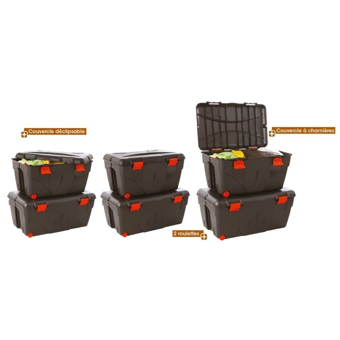 EDA Malle de rangement Trafic avec couvercle + 2 roulettes - 85 L - Noir et rouge