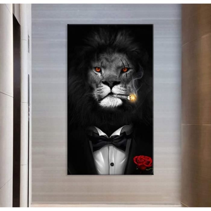 Fumer Lion Toile Peinture Costume d'affaires Gentleman Animal Print Affiche  Mur Art Photos Décor À La Maison 60x120 cm sans Cadre - Cdiscount Maison