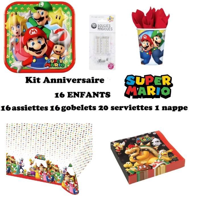 Vaisselle Kit Super Mario 16 Enfants Complet Anniversaire (16