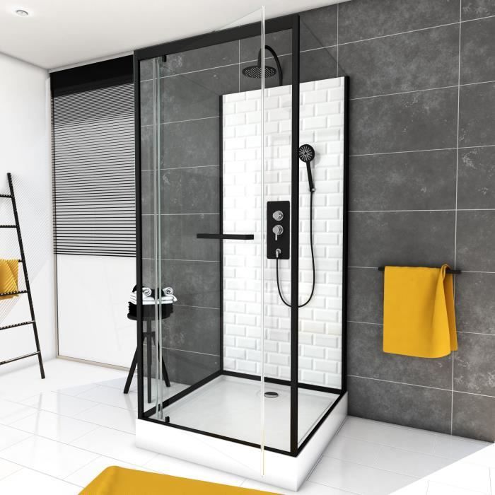 Cabine de douche carrée pivotante - AURLANE - Ambiance métro - Verre 5mm - Noir mat