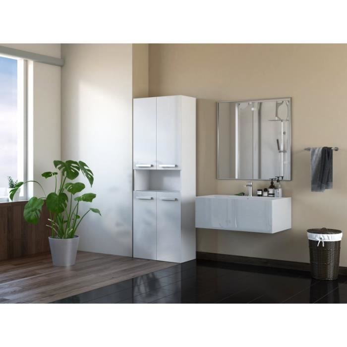 YANA - Meuble salle de bain avec panier à linge - 31x30x174 cm - Colonne  rangement SDB - Blanc