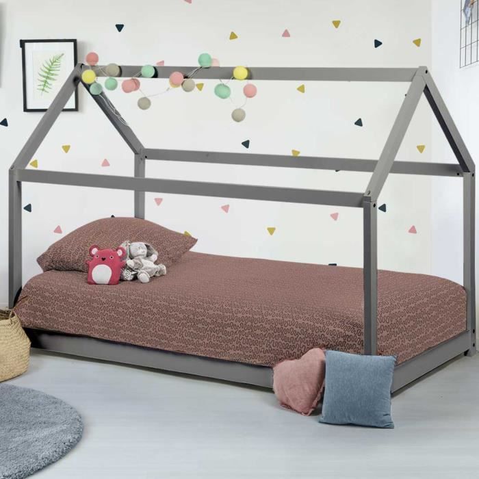 lit cabane enfant 90x190 cm gris - idmarket - neel - style scandinave moderne - avec sommier à lattes