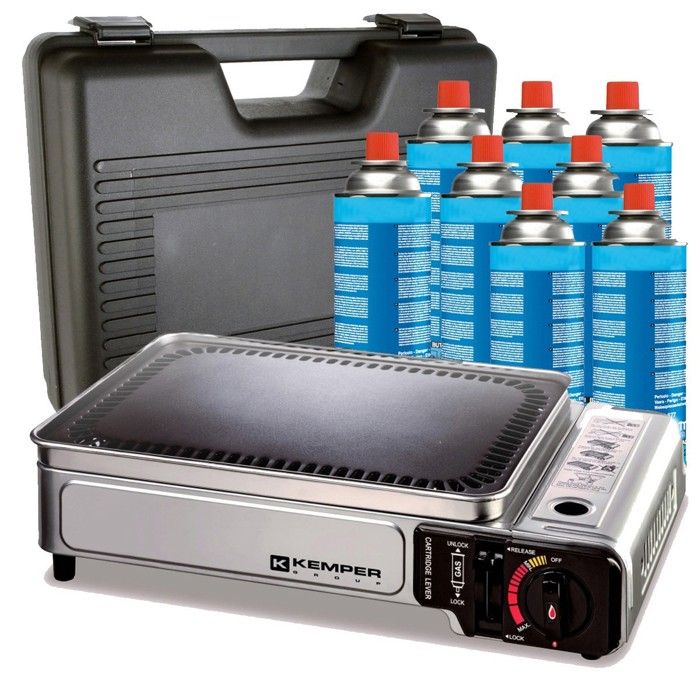 Plancha à gaz portable 2300W + 8 cartouches de gaz + Valise de transport Cuisson extérieure Camping Terrasse Barbecue KEMPER Plancha à gaz portable 2300W + 8 cartouches de gaz + Valise de transport Cuisson extérieure Camping Terrasse Barbecue KEMPER