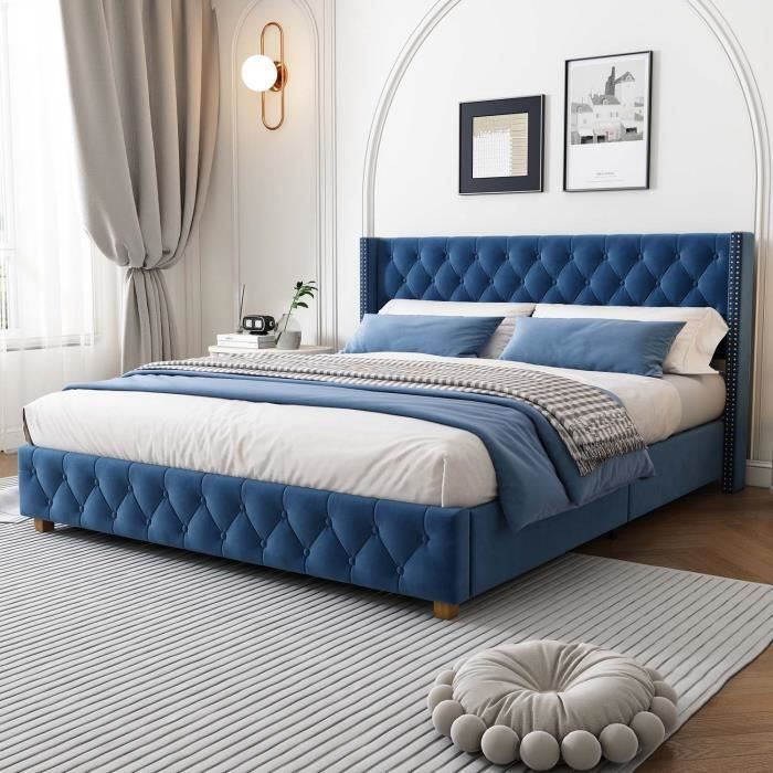 Lit adulte - ModernLuxe - 160x200cm - Tissu en velours - Sommier à lattes - Bleu Lit adulte - ModernLuxe - 160x200cm - Tissu en velours - Sommier à lattes - Bleu