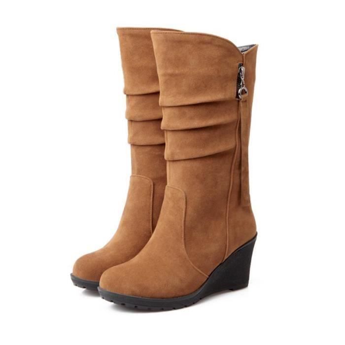 Bottes Femme Marron Automne Hiver Chaud Haute Tige Lacets