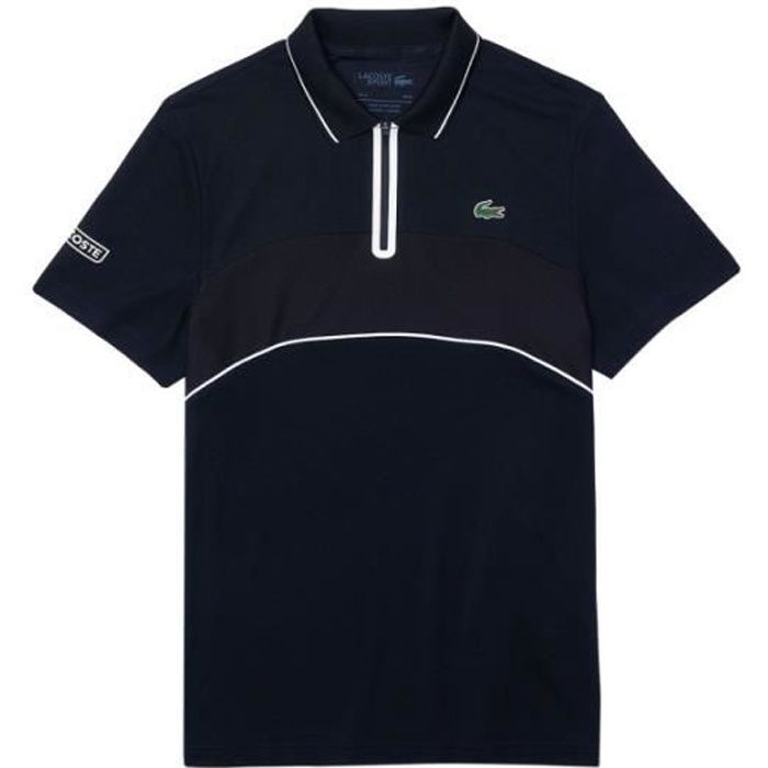 Polo Lacoste Ref. DH9658 525. Couleur Bleu marine. Details. Col zippe cotele. Manches courtes. Inscription Lacoste sur Bleu Cdiscount Pret a Porter