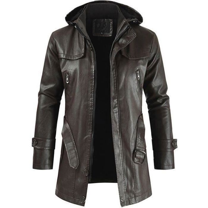 Manteau Caban Les hommes d'hiver Veste en cuir Manches longues  Capuche