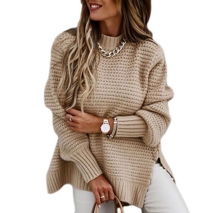 femme pull grosse maille automne hiver chaud chandail col rond élégant pull épais ourlet fendu côté haut hiver tricoté ample,abricot