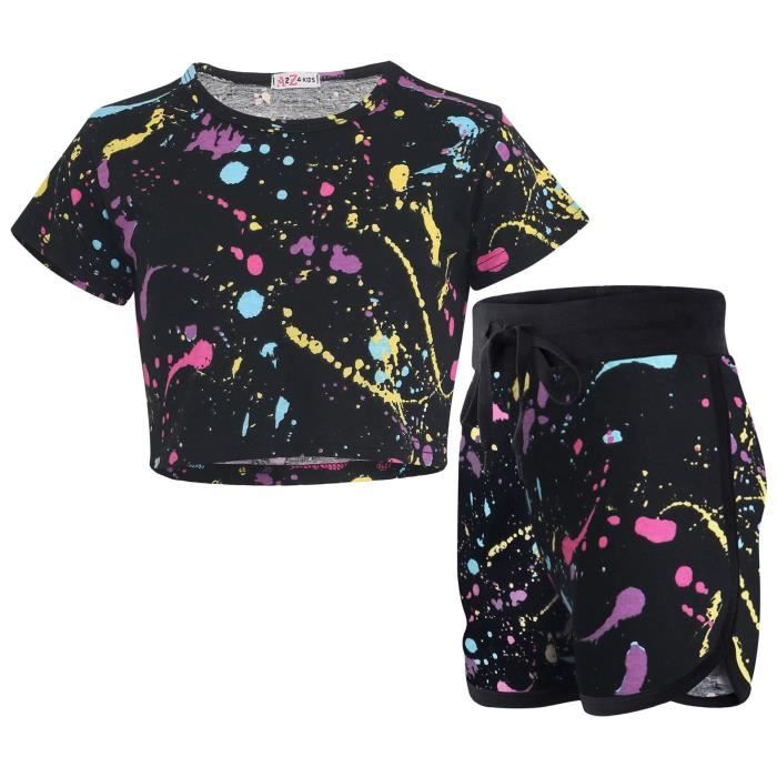 Ensemble Fille Haut Court + Short Contrasté - Tendance été Léger Et Confortable - 100% Coton - Tailles 5 à 13 Ans