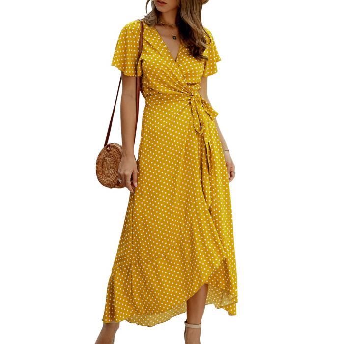 Robe longue jaune en coton à pompons, col roulé, manches pétales main image 1