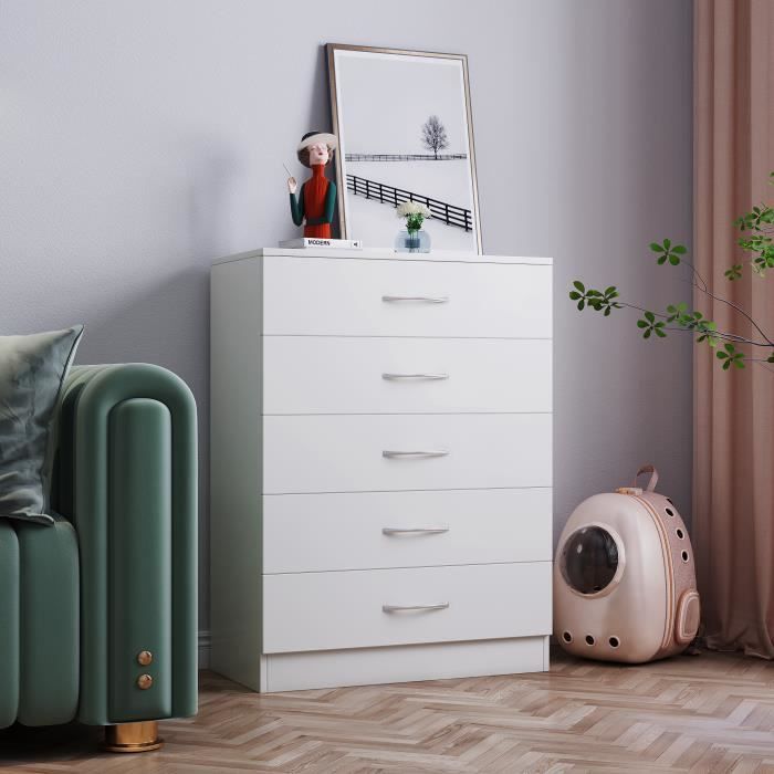 table de chevet commode meuble de rangement en bois avec 5 tiroirs sur salon, chambre, bureau, 67 x 33 x 89 cm (blanc)