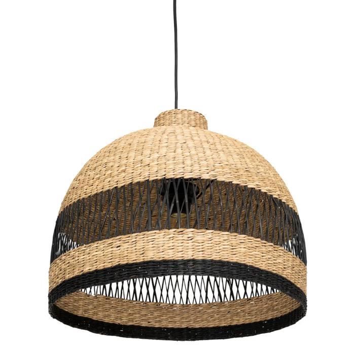 Lampe suspendue, suspension luminaire en osier-acier inoxydable coloris naturel-noir - Diamètre 44 x Hauteur 36 cm
