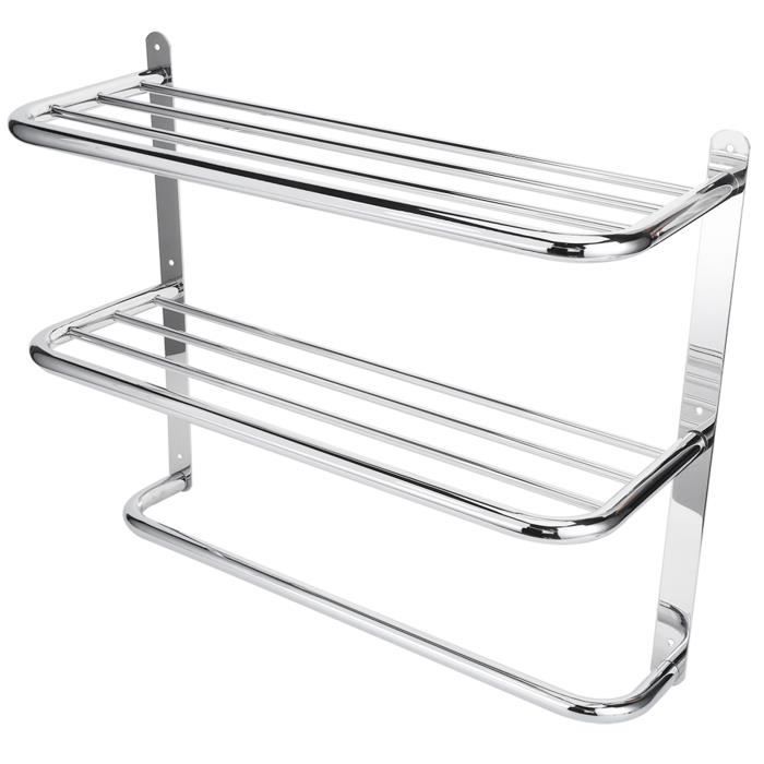 Étagère Murale / Porte-serviettes Salle De Bain – Bois Et Inox, Aspect Vintage – Neuf