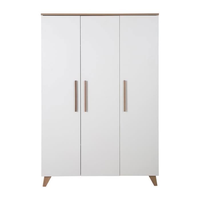 Armoire Bébé 3 Portes ROBA - Ole - Armoire de Rangement à 6 Compartiments et Penderie - Style Scandinave - Blanc Mat - Décor Chêne