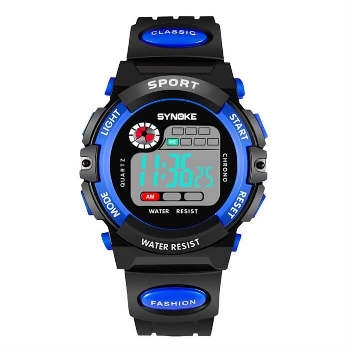 Montre enfant garçon LED numérique réveil chronographe lumineux sports sangle en plastique étanche étudiant bleu