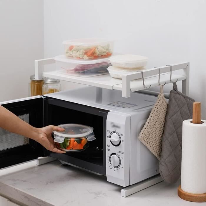 Etagere Micro Ondes Cuisine Rangement Étagère Extensible à 2 Niveaux Four à Micro Ondes Avec 3 Crochets étagère De Rangement Micro Onde