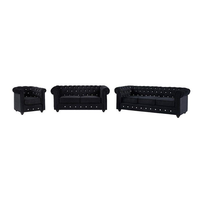 Canapés 3 places 2 places et fauteuil en velours noir et boutons effet cristal CHESTERFIELD