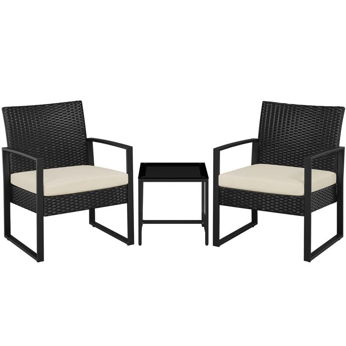 Yaheetech Ensemble Mobilier de Jardin 3 Pièces en Rotin Polyester et Métal 1 Table Basse et 2 Fauteuils avec Coussins Noir/Beige Yaheetech Ensemble Mobilier de Jardin 3 Pièces en Rotin Polyester et Métal 1 Table Basse et 2 Fauteuils avec Coussins Noir/Beige
