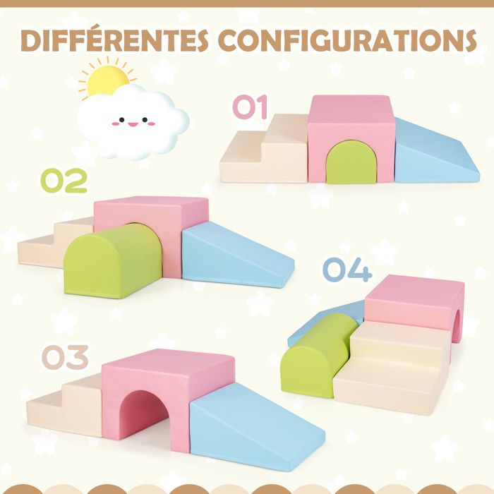 4PCS Parcours Motricité Bébé en Mousse EPE Housse en PU, Module Motricité Bébé avec Toboggan & Différentes Formes, pour Enfants d'Âge Préscolaire, Bleu+jaune