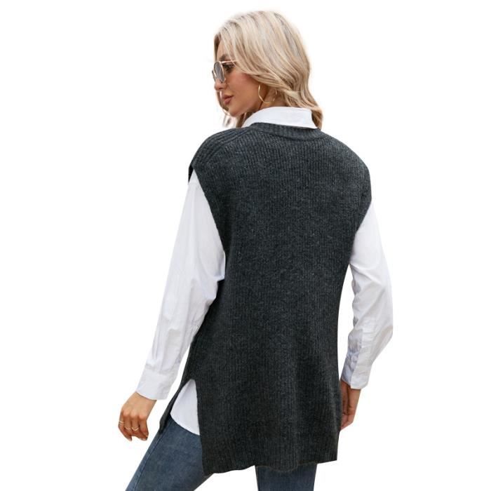 Pull Femme Sans Manches Gilet Col V Loose Mi-Longue Casual - Noir Gris ...