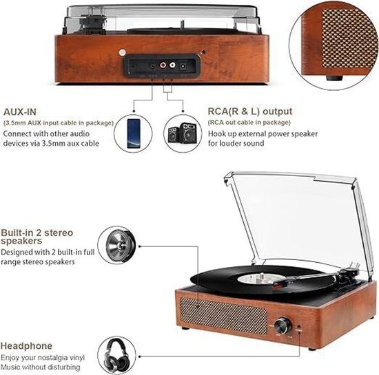 Platine Vinyle Bluetooth FYDEE - 3 Vitesses (33/45/78 Tours) - Haut-parleurs Intégrés - Design Vintage En Bois - RCA, AUX, Casque - 8