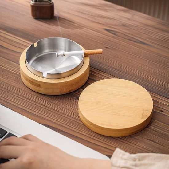 Cendrier Design Cendrier Extérieur Avec Couvercle Bois - Doublure Acier Inoxydable, Anti-Odeur - Pour Jardin, Bar Cendrier