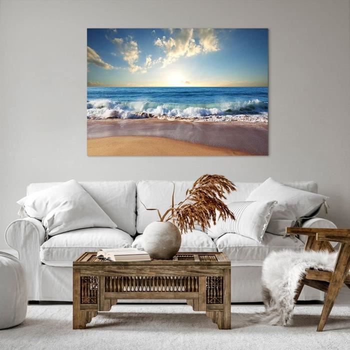 Tableau Décoratif Mural Sur Toile 100x70cm - Paysage De Prairie Et Montagne - Décoration Salon Ou Chambre