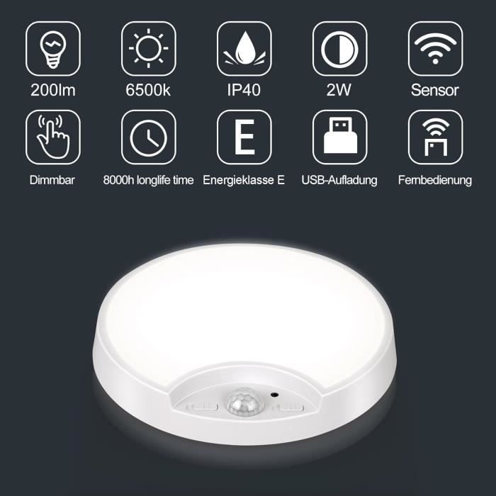 Plafonnier LED Détecteur De Mouvement Rechargeable USB - Sans Fil, étanche IP54, Télécommande - Salle De Bain, Couloir, Garage