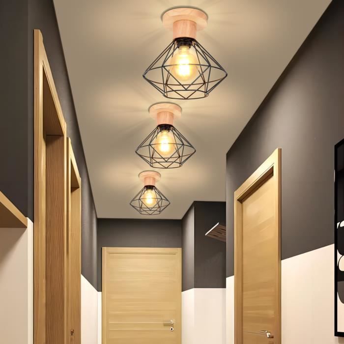 Plafonnier Industrielle Rétro En Métal Noir Cage, 3 Spots De Plafond