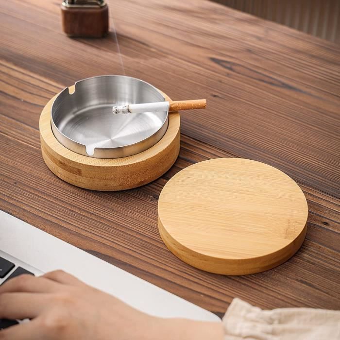 Cendrier Avec Couvercle Poussoir - Métal & Plastique - 9,5 Cm - Argenté/Noir - Pour Intérieur & Extérieur